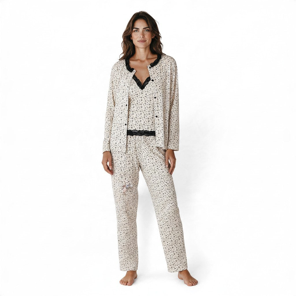 JOANNA FASHION three-piece floral pajama set with camisole, trousers, and cardigan featuring black lace trim details.