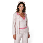 JOANNA FASHION three-piece floral pajama set with camisole, trousers, and cardigan featuring pink lace trim