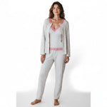 JOANNA FASHION three-piece floral pajama set with camisole, trousers, and cardigan featuring pink lace trim