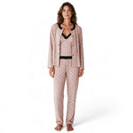 JOANNA FASHION three-piece floral pajama set in soft pink with black lace trim, featuring camisole, trousers, and cardigan