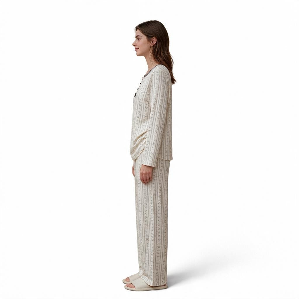 JOANNA FASHION women's long sleeve pajama set in a cream floral print with button-down top and relaxed fit trousers.