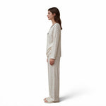 JOANNA FASHION women's long sleeve pajama set in a cream floral print with button-down top and relaxed fit trousers.