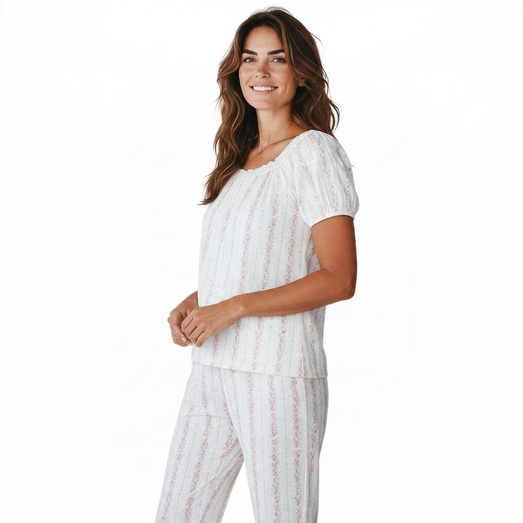 JOANNA FASHION floral print pajama set with puff sleeves, square neckline, and lace trim on a smiling woman