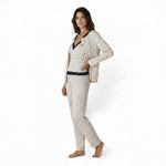 Model wearing a JOANNA FASHION three-piece floral pajama set with lace trim, including camisole, trousers, and cardigan.