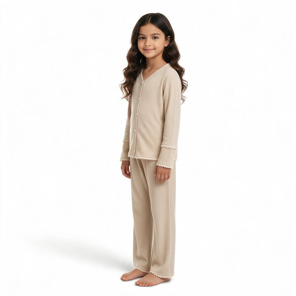 JOANNA FASHION girls' beige long-sleeve button-down pajama set with scalloped lace trim on cuffs and hem.