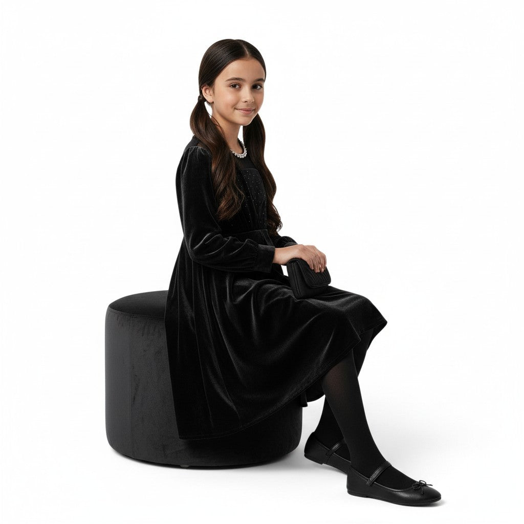 JOANNA FASHION girls black velvet high-low dress with pearl-like trim and long sleeves, worn by a young girl.