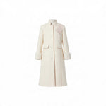 JOANNA FASHION girls cream long formal winter coat with floral embroidery on the shoulder and plush faux-fur cuffs.