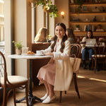 A young girl wearing a JOANNA FASHION cream long formal coat with faux-fur cuffs and floral embroidery in a cafe.