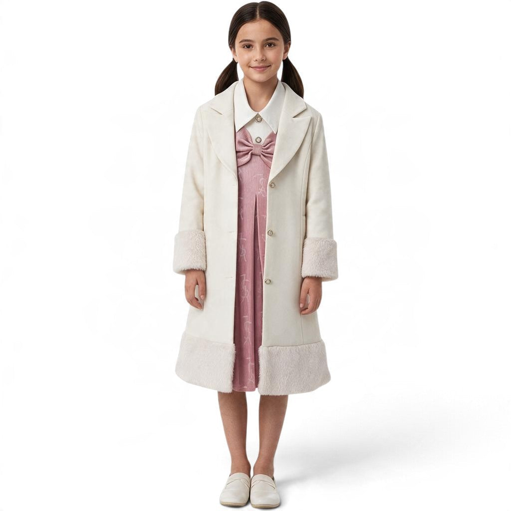 JOANNA FASHION girls' cream wool-blend formal coat with faux-fur cuffs and hem worn over a pink dress