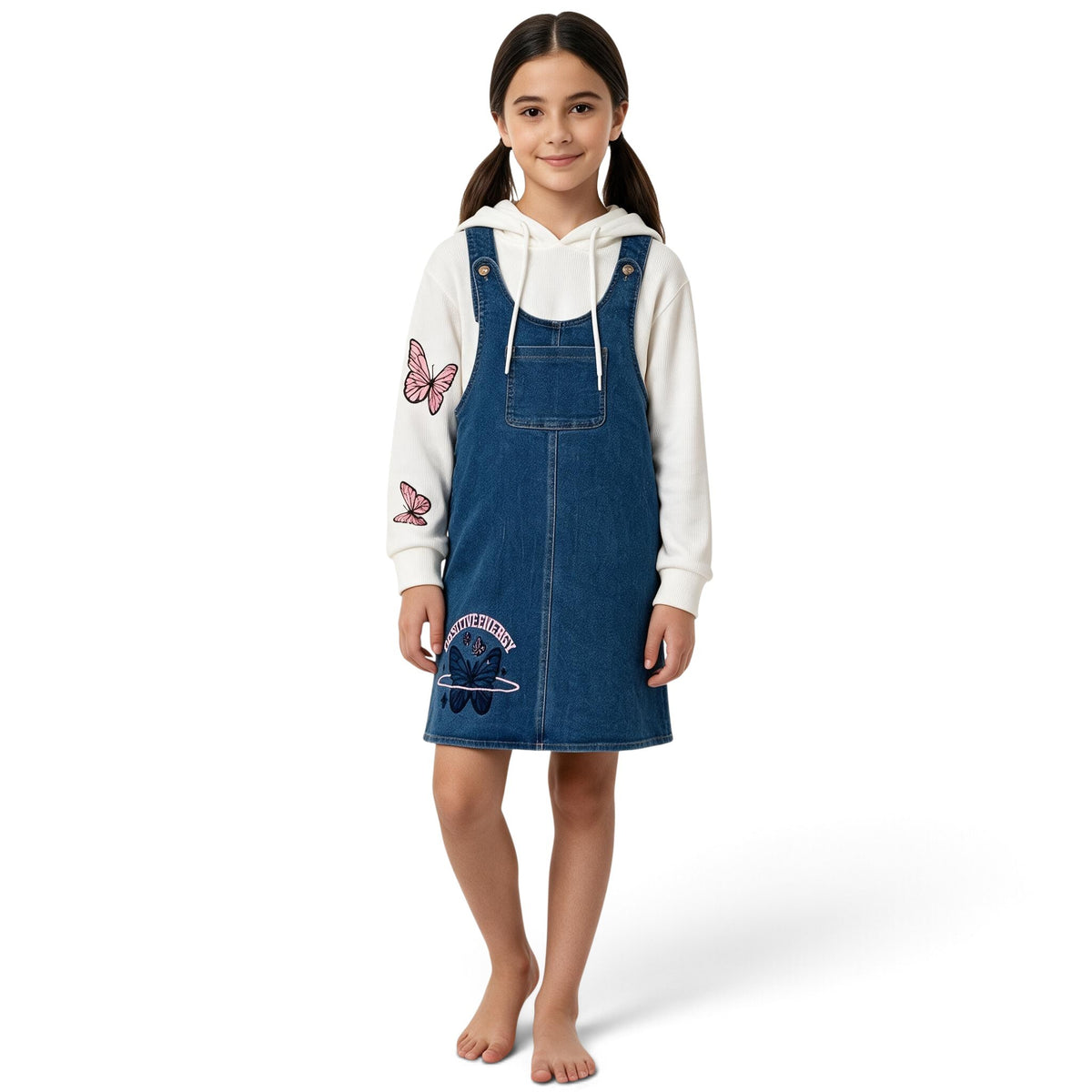 JOANNA FASHION girls blue denim pinafore dress with attached white hoodie featuring pink butterfly graphic details