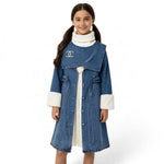 JOANNA FASHION girls denim trench coat with cream faux fur cuffs, wide collar, and sparkling hem embellishments.