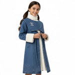 JOANNA FASHION girls denim trench coat with cream faux fur cuffs, wide collar, and rhinestone hem detail