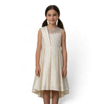 JOANNA FASHION girls' formal dress with pearl-beaded illusion neckline, pleated bodice, and high-low hem in cream.