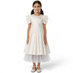 JOANNA FASHION girls formal satin dress with puff sleeves, pearl neckline, floral appliqués, and white tulle hem.