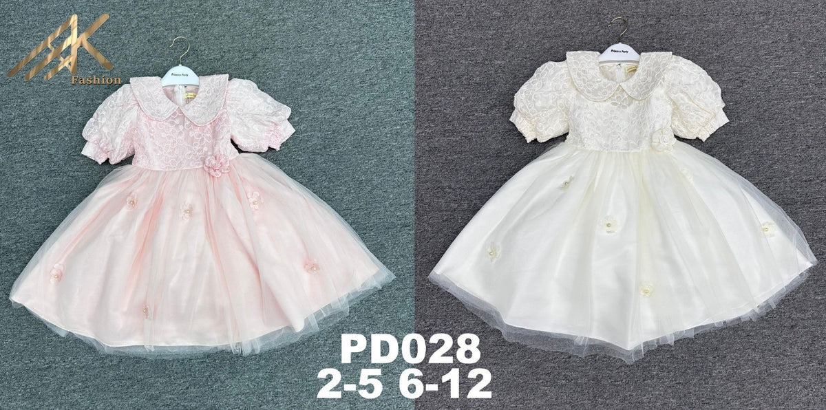 JOANNA FASHION girls' formal dresses in pink and white with lace bodices, peter pan collars, and tulle skirts.