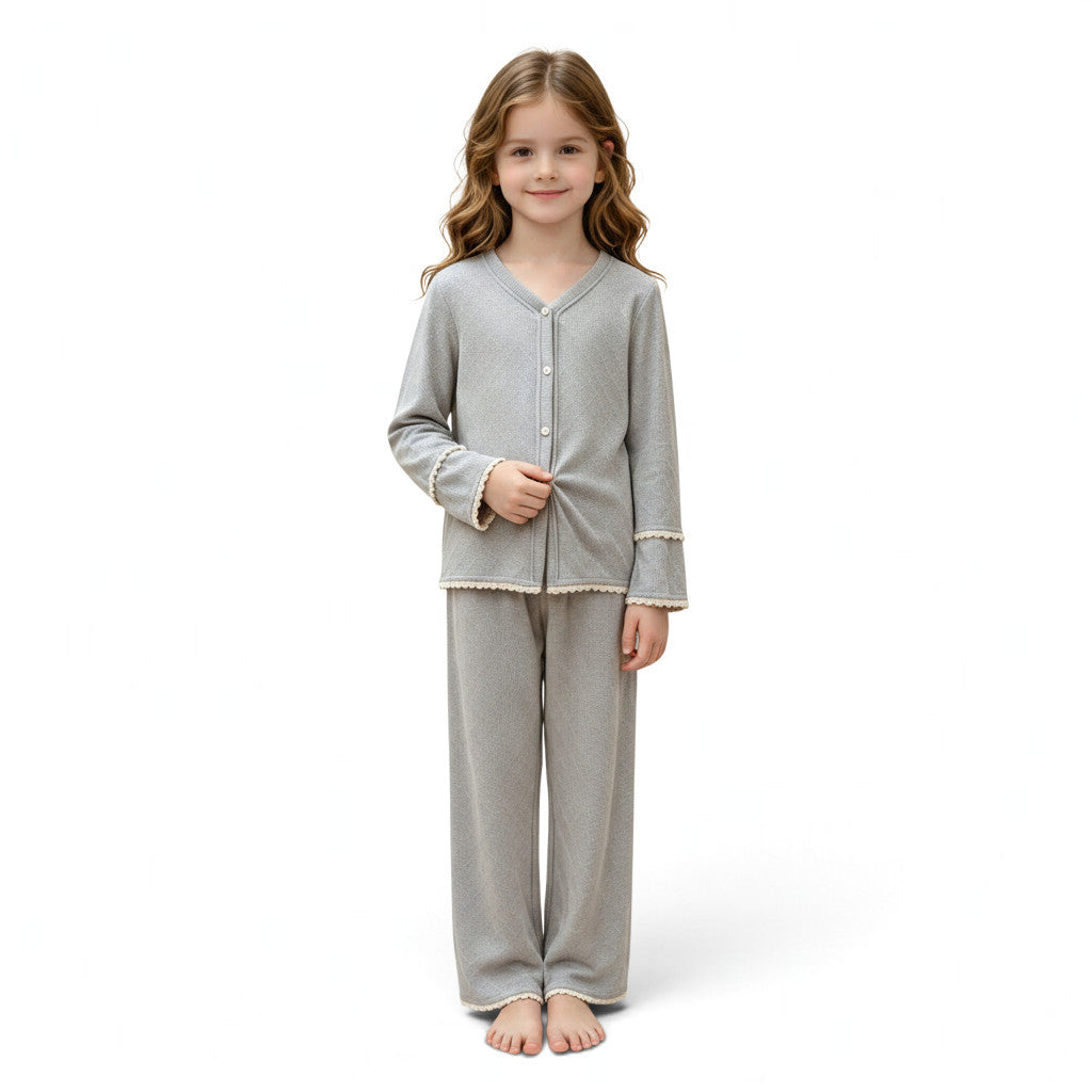 JOANNA FASHION girls grey long sleeve button down pajama set with scalloped lace trim on cuffs and hem