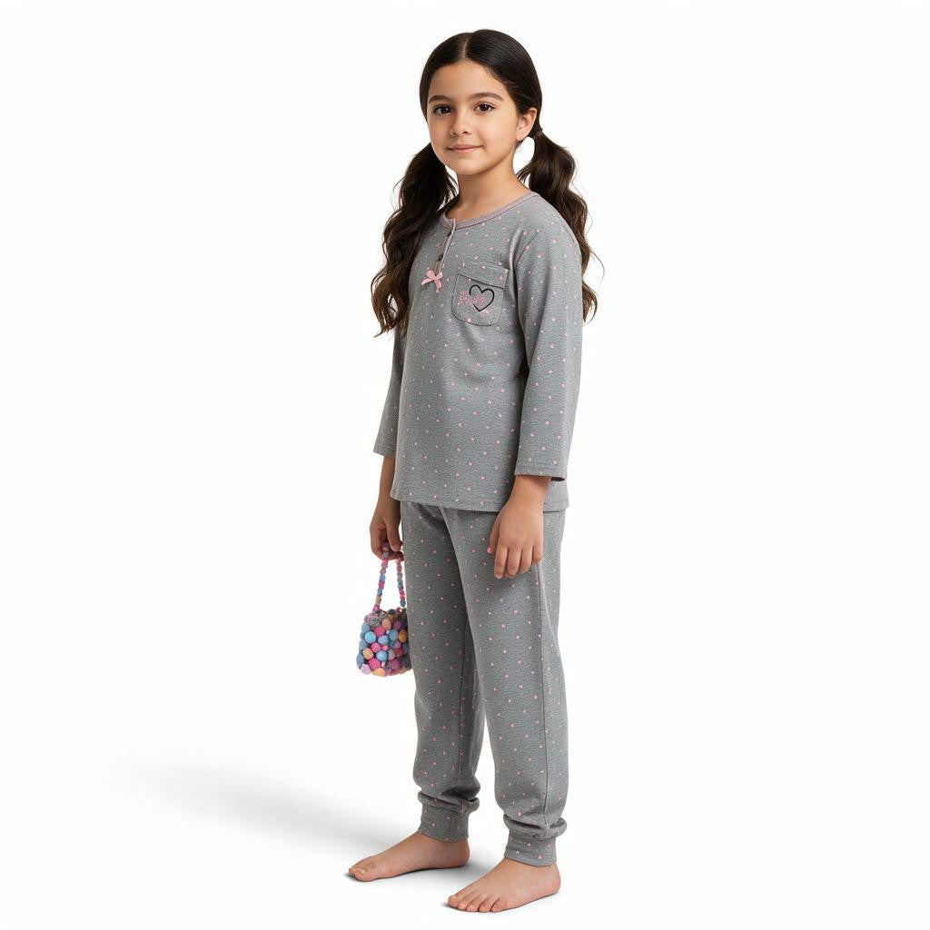 JOANNA FASHION girls' grey polka-dot long sleeve pajama set with henley neckline, heart pocket, and ribbed cuffs.
