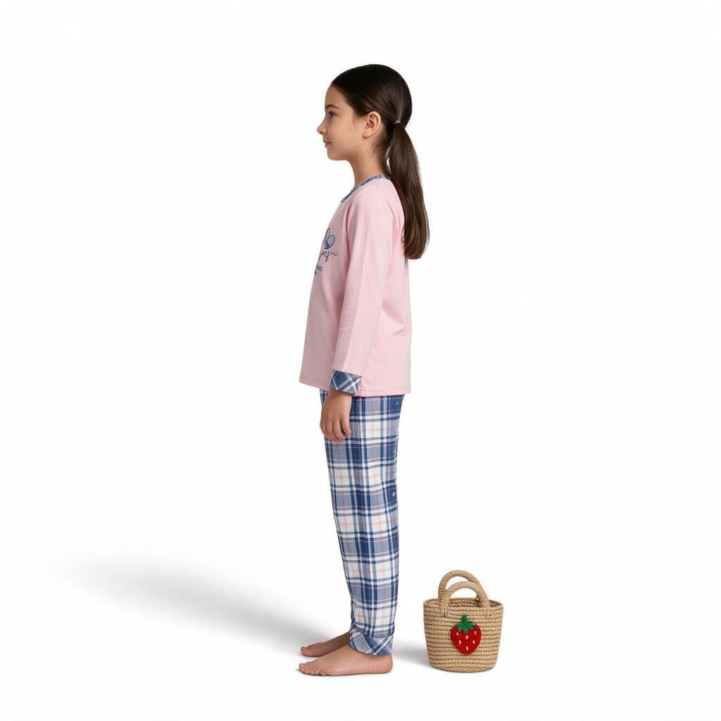 JOANNA FASHION girls pink long sleeve pajama set with blue plaid bottoms and graphic print, side view