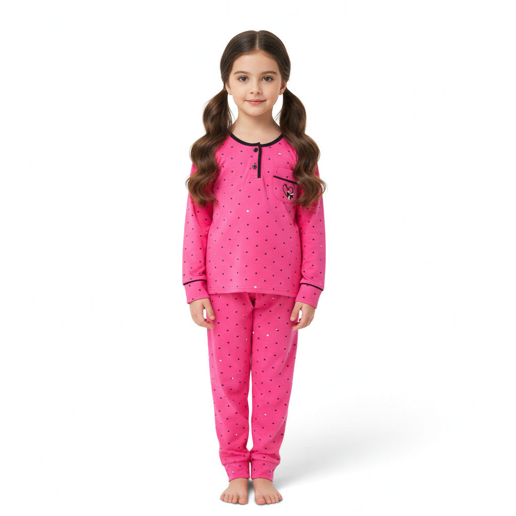A young girl wearing a JOANNA FASHION pink long-sleeve pajama set with black polka dots and heart pocket detail.
