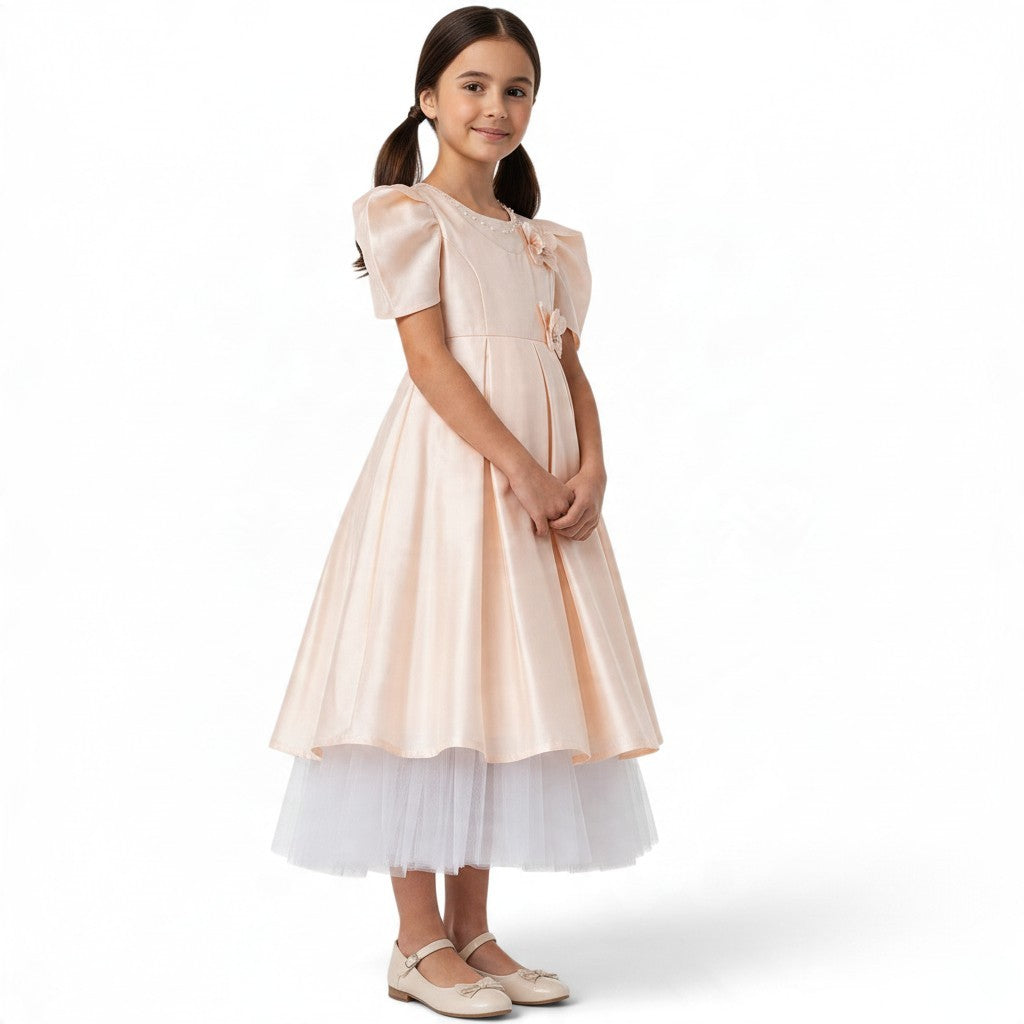 JOANNA FASHION girl's formal dress in pale pink satin with puff sleeves, pearl accents, and a white tulle underskirt.