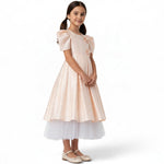 JOANNA FASHION girl's formal dress in pale pink satin with puff sleeves, pearl accents, and a white tulle underskirt.