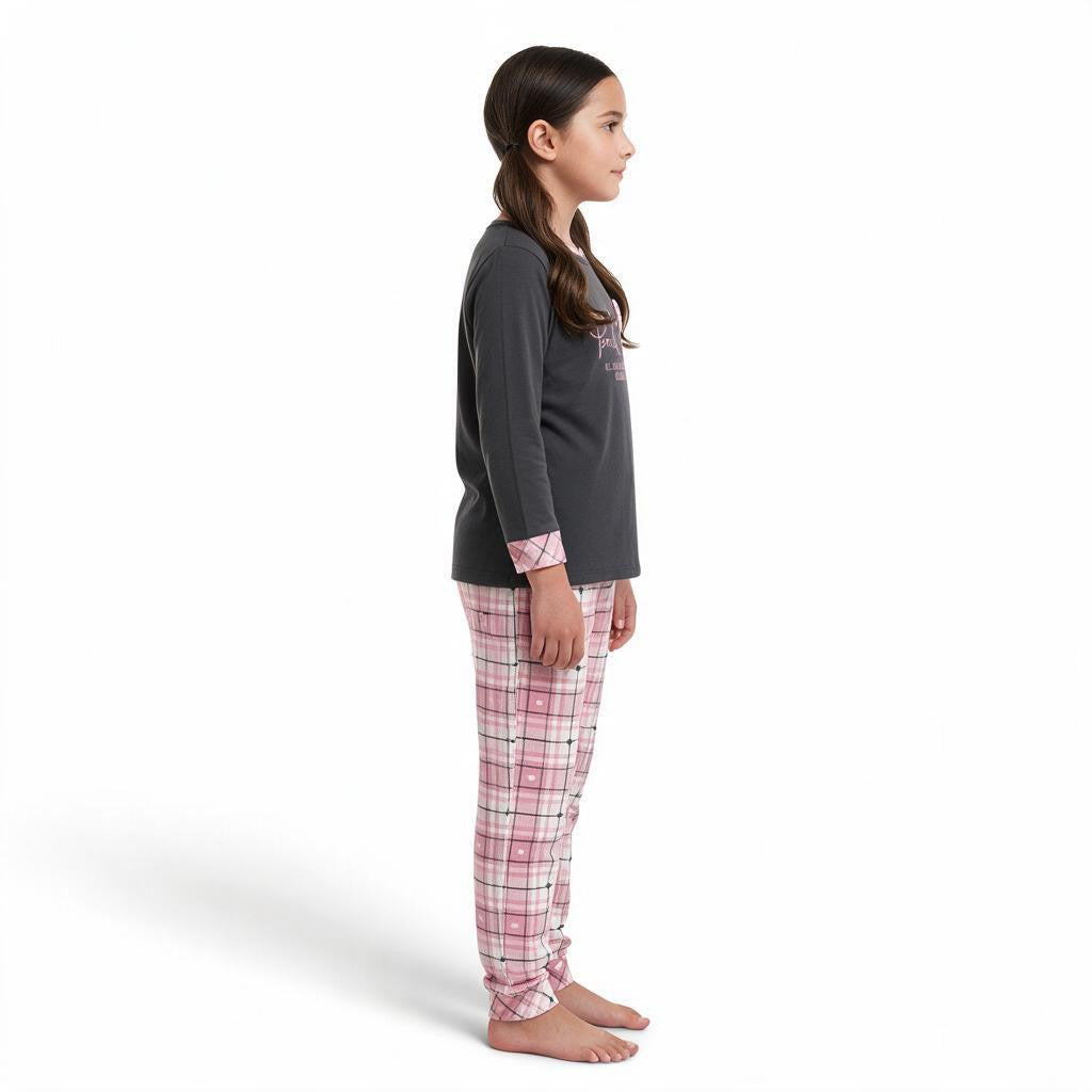JOANNA FASHION girls long sleeve pajama set with a charcoal grey top and pink plaid bottoms on a young girl