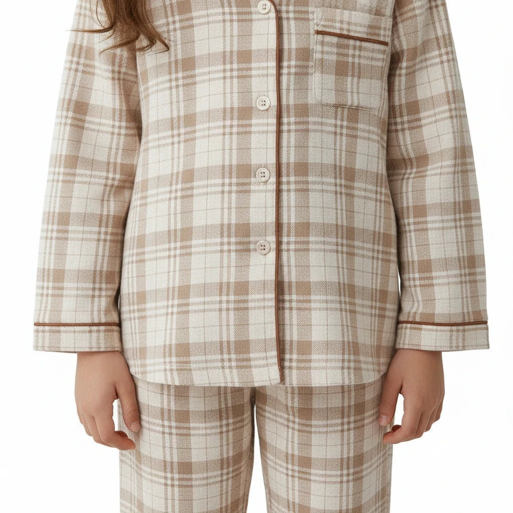 JOANNA FASHION girls' neutral plaid button-down pajama set with long sleeves, chest pocket, and brown contrast piping.