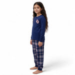 JOANNA FASHION girls long sleeve navy henley pajama set with collegiate graphic and plaid bottoms on a young girl