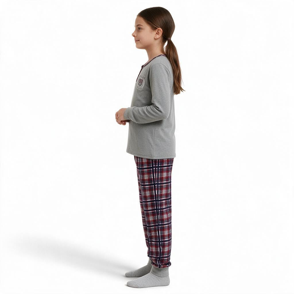 JOANNA FASHION girls long sleeve henley pajama set with grey top and red plaid bottoms on a young girl side view