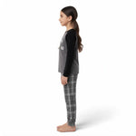 JOANNA FASHION girls long sleeve raglan pajama set with grey graphic top and grey plaid bottoms on a young girl