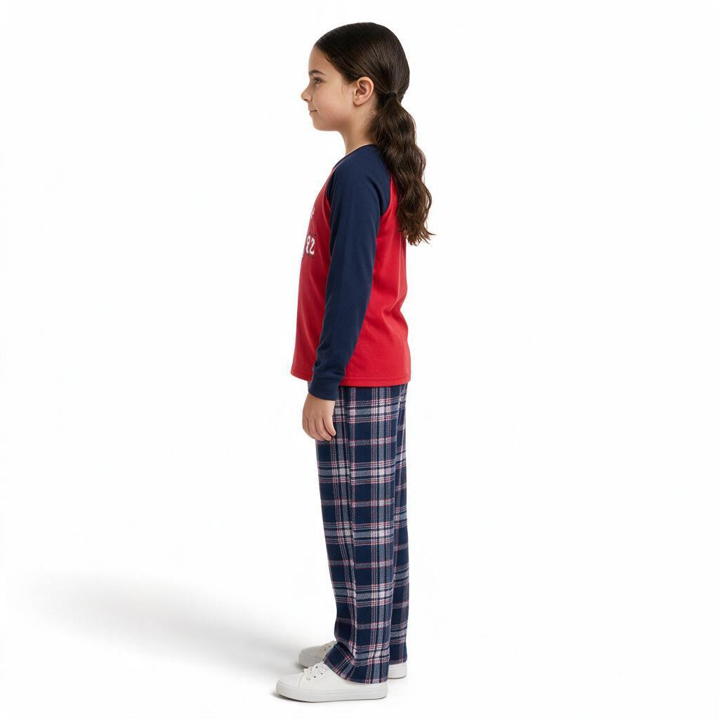 JOANNA FASHION girls long sleeve raglan pajama set with red top and navy blue plaid bottoms, side view