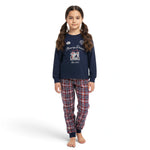JOANNA FASHION girls long sleeve pajama set with navy graphic top and red plaid bottoms on a young girl