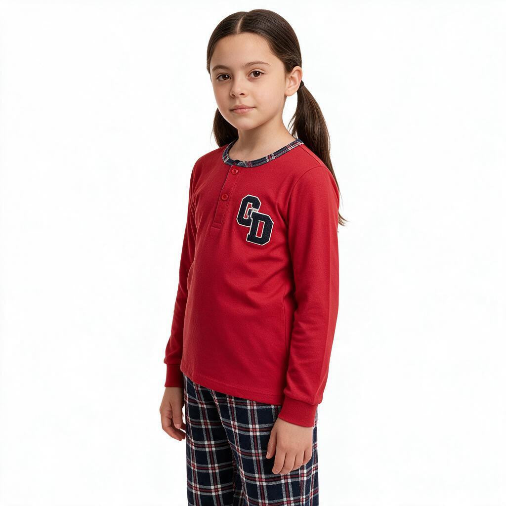 JOANNA FASHION girls long sleeve red henley pajama top with collegiate graphic and plaid bottoms