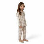 Young girl wearing a JOANNA FASHION neutral plaid button-down pajama set with contrast piping and long pants.