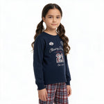 JOANNA FASHION girls long sleeve navy pajama top with graphic print and plaid bottoms for cozy sleepwear