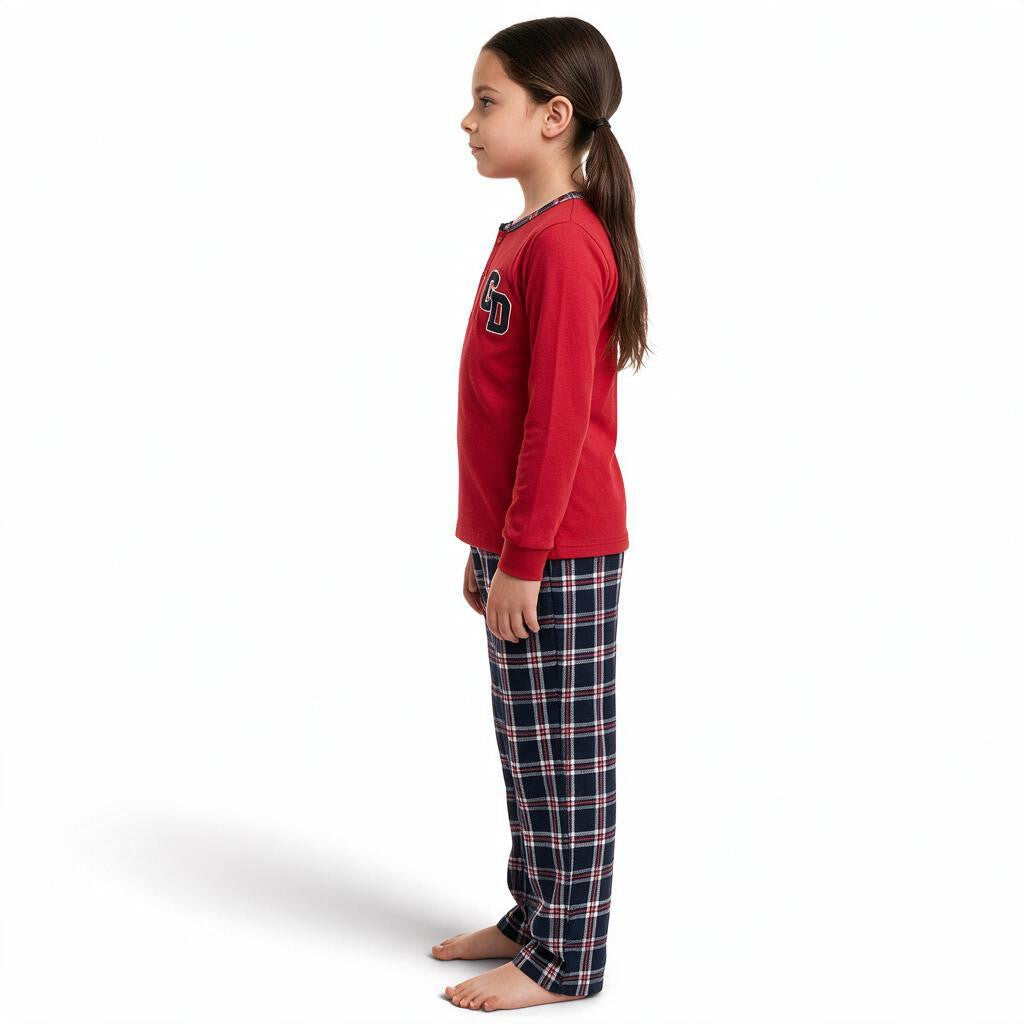 JOANNA FASHION girls long sleeve red henley pajama top with collegiate graphic and navy plaid bottoms, side view