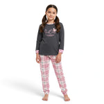 JOANNA FASHION girls long sleeve pajama set with a grey graphic top and pink plaid bottoms on a young girl