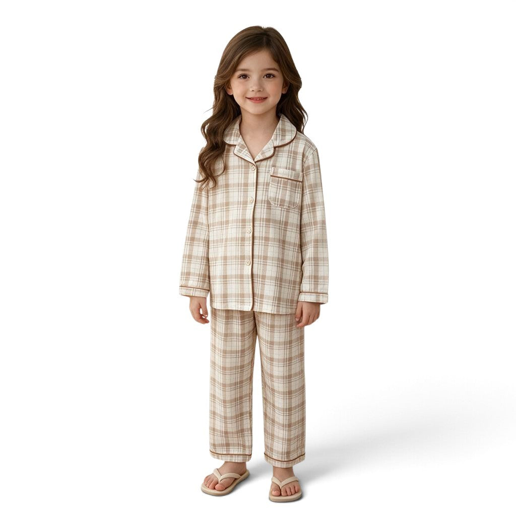 A young girl wearing a JOANNA FASHION neutral plaid button-down pajama set with contrast piping and a chest pocket.