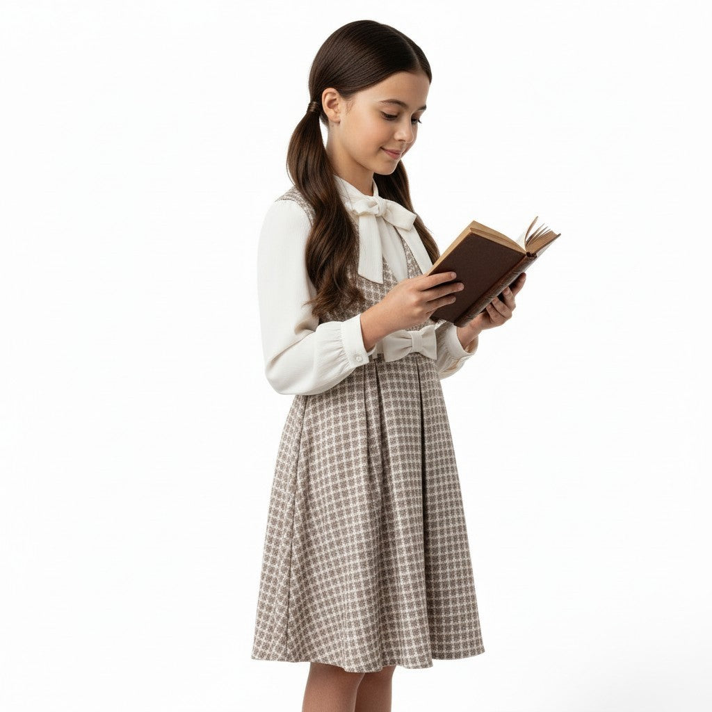JOANNA FASHION girls plaid pinafore dress set with white long-sleeve blouse and bow-tie collar worn by a young girl