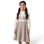 JOANNA FASHION girls plaid pinafore dress set with white long-sleeve blouse, bow-tie collar, and belted pleated skirt.