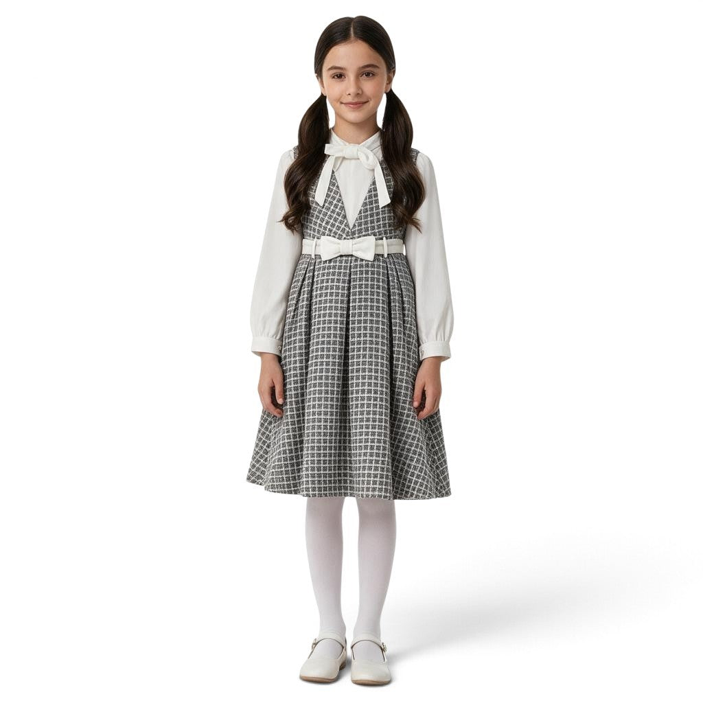 JOANNA FASHION girls grey plaid pinafore dress set with white long-sleeve blouse, bow-tie collar, and waist belt.