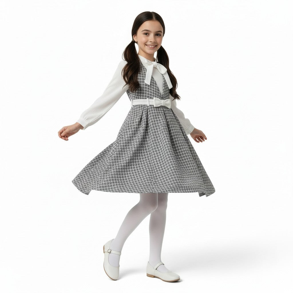 JOANNA FASHION girls plaid pinafore dress set with white blouse, bow-tie collar, and pleated skirt on a young girl