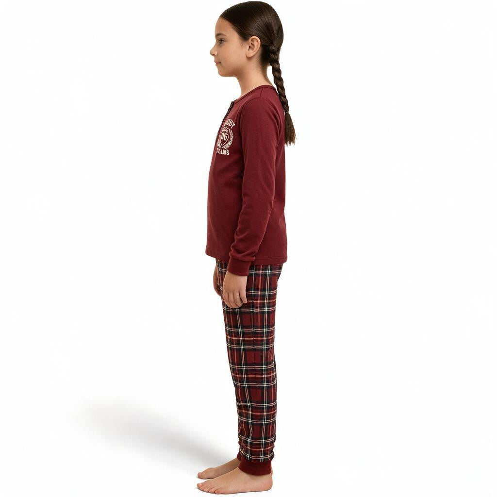 JOANNA FASHION girls' burgundy long-sleeve rugby pajama set with plaid bottoms and henley top, side view