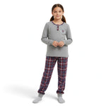 A girl wearing a JOANNA FASHION grey henley long-sleeve pajama top with rugby graphic and plaid flannel pants.
