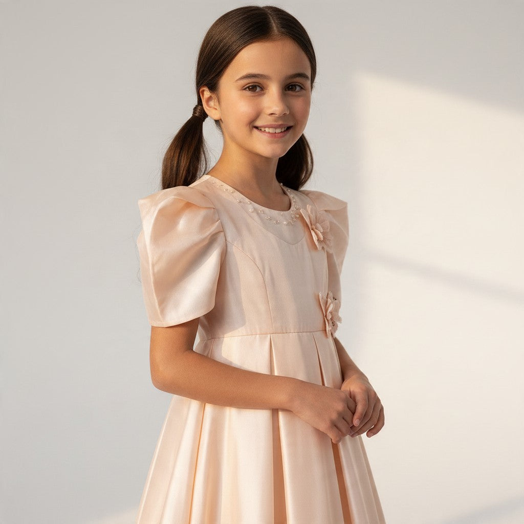 JOANNA FASHION girl in a pale pink satin formal dress with puff sleeves, pearl neckline, and floral appliqués.