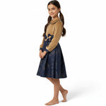 JOANNA FASHION girls' dress with a gold velvet bodice, Peter Pan collar, and a navy blue metallic patterned skirt.