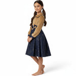 JOANNA FASHION girls' long sleeve dress with a gold velvet bodice, navy metallic skirt, and floral waist detail.