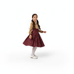 JOANNA FASHION girls' long sleeve velvet dress with a gold bodice, floral waist detail, and metallic patterned skirt.