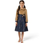 JOANNA FASHION girls' long sleeve dress with a gold velvet bodice, navy patterned skirt, and floral waist accent.