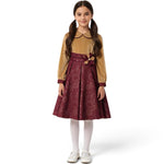 JOANNA FASHION girls' long sleeve velvet dress with a gold bodice, metallic burgundy skirt, and floral waist accent.